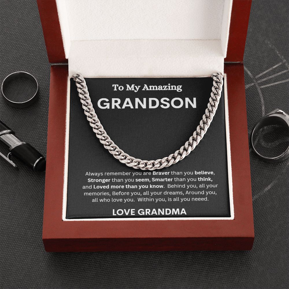 TO MY AMAZING GRANDSON LOVE GRANDMA CUBAN LINK CHAIN NECKLACE