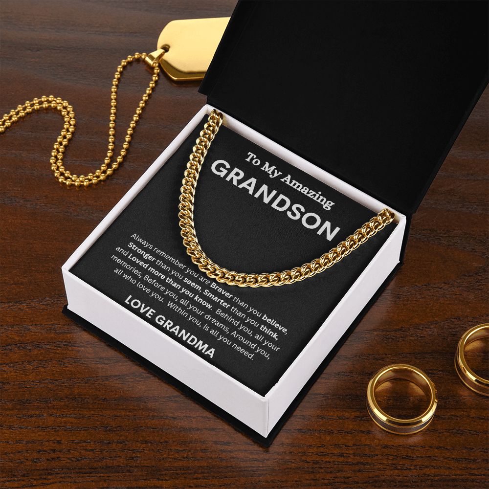 TO MY AMAZING GRANDSON LOVE GRANDMA CUBAN LINK CHAIN NECKLACE