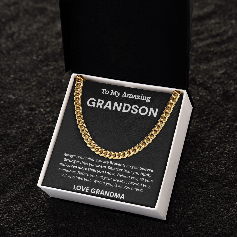 TO MY AMAZING GRANDSON LOVE GRANDMA CUBAN LINK CHAIN NECKLACE