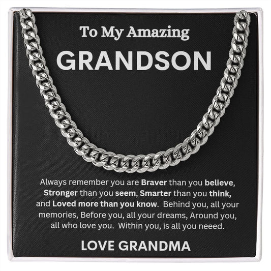 TO MY AMAZING GRANDSON LOVE GRANDMA CUBAN LINK CHAIN NECKLACE