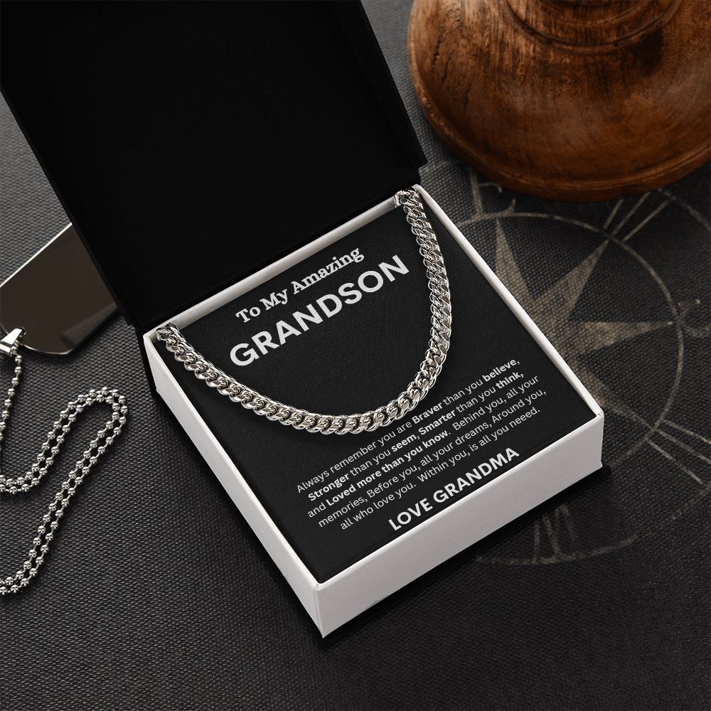 TO MY AMAZING GRANDSON LOVE GRANDMA CUBAN LINK CHAIN NECKLACE
