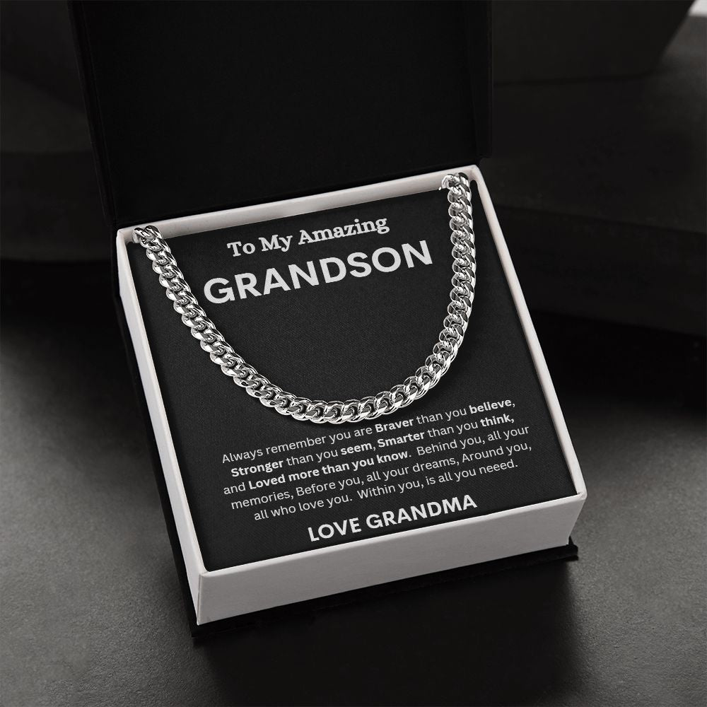 TO MY AMAZING GRANDSON LOVE GRANDMA CUBAN LINK CHAIN NECKLACE