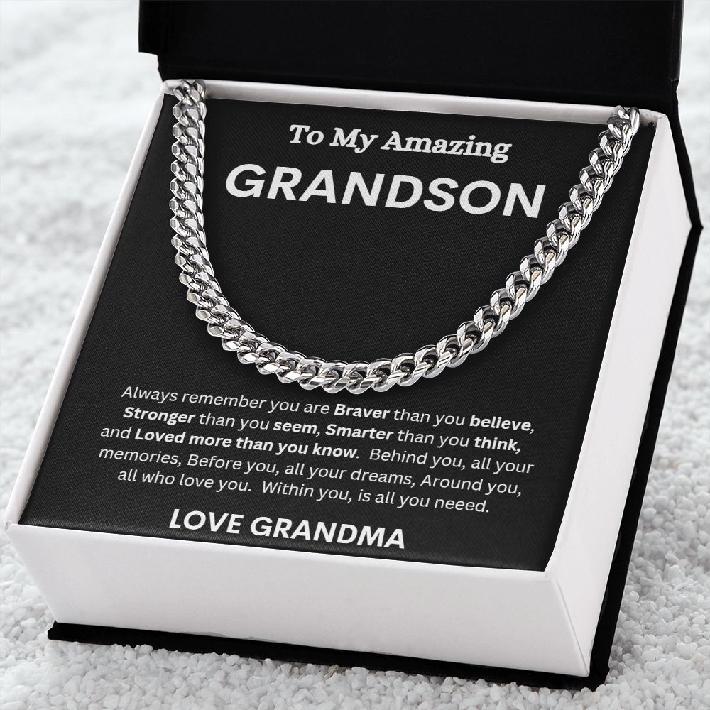 TO MY AMAZING GRANDSON LOVE GRANDMA CUBAN LINK CHAIN NECKLACE