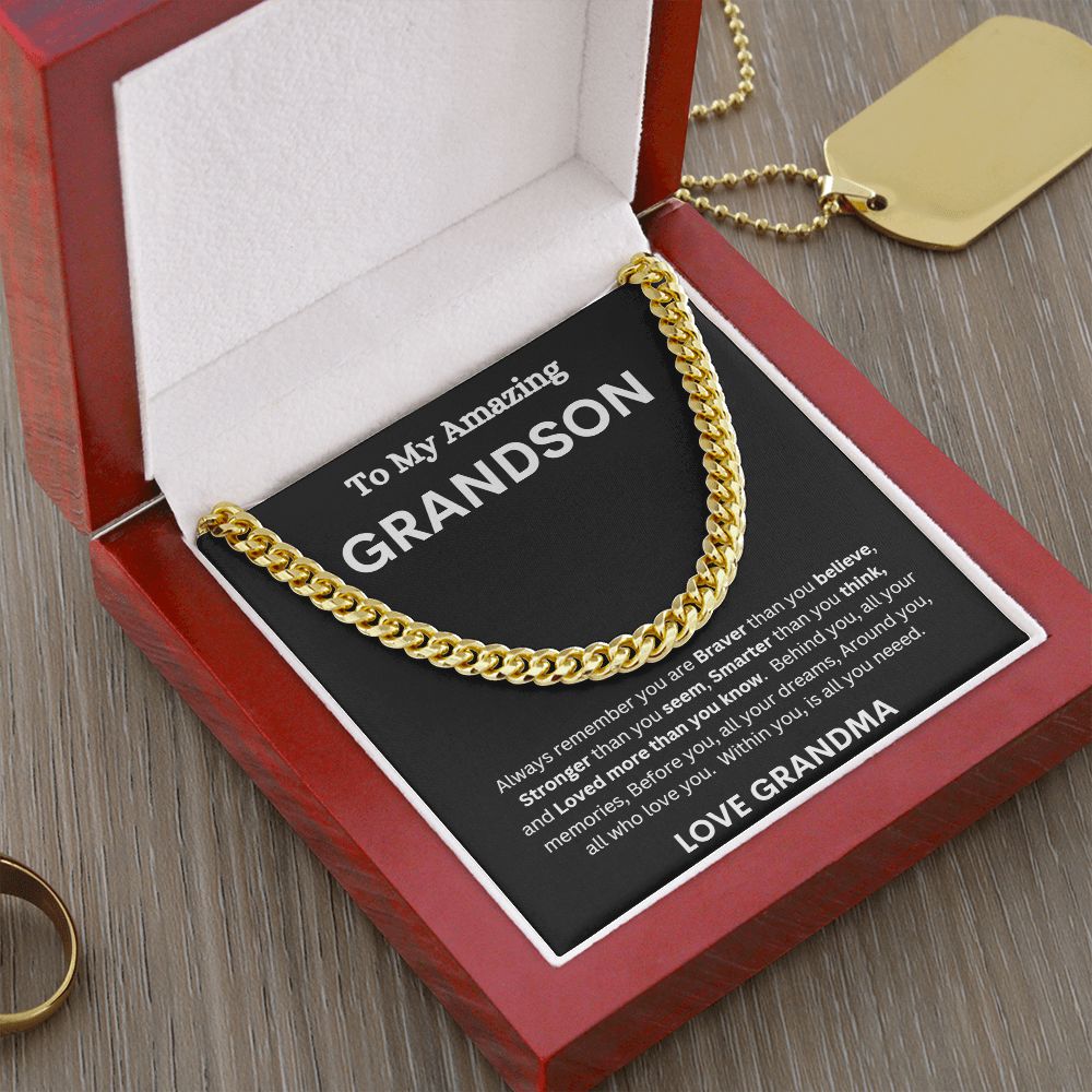 TO MY AMAZING GRANDSON LOVE GRANDMA CUBAN LINK CHAIN NECKLACE