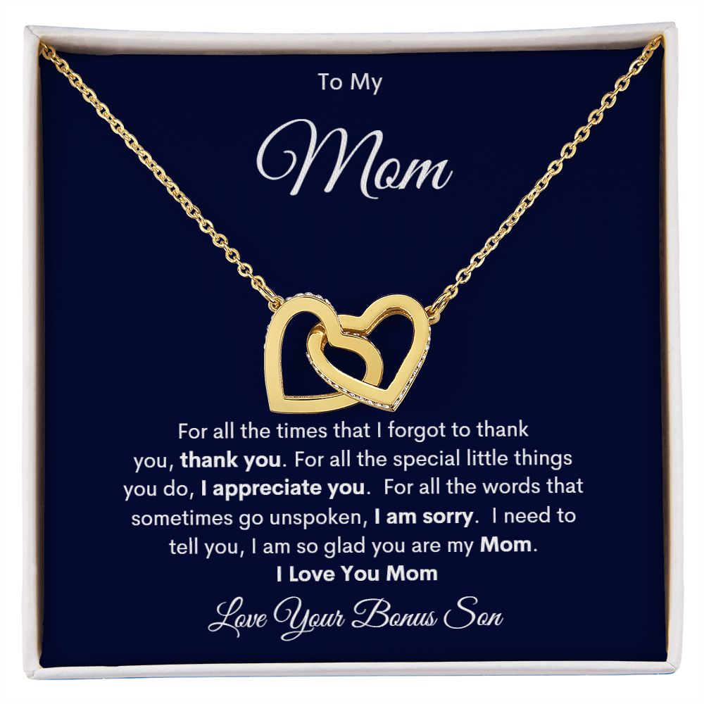 TO MY MOM LOVE YOUR BONUS SON INTERLOCKING HEARTS NECKLACE
