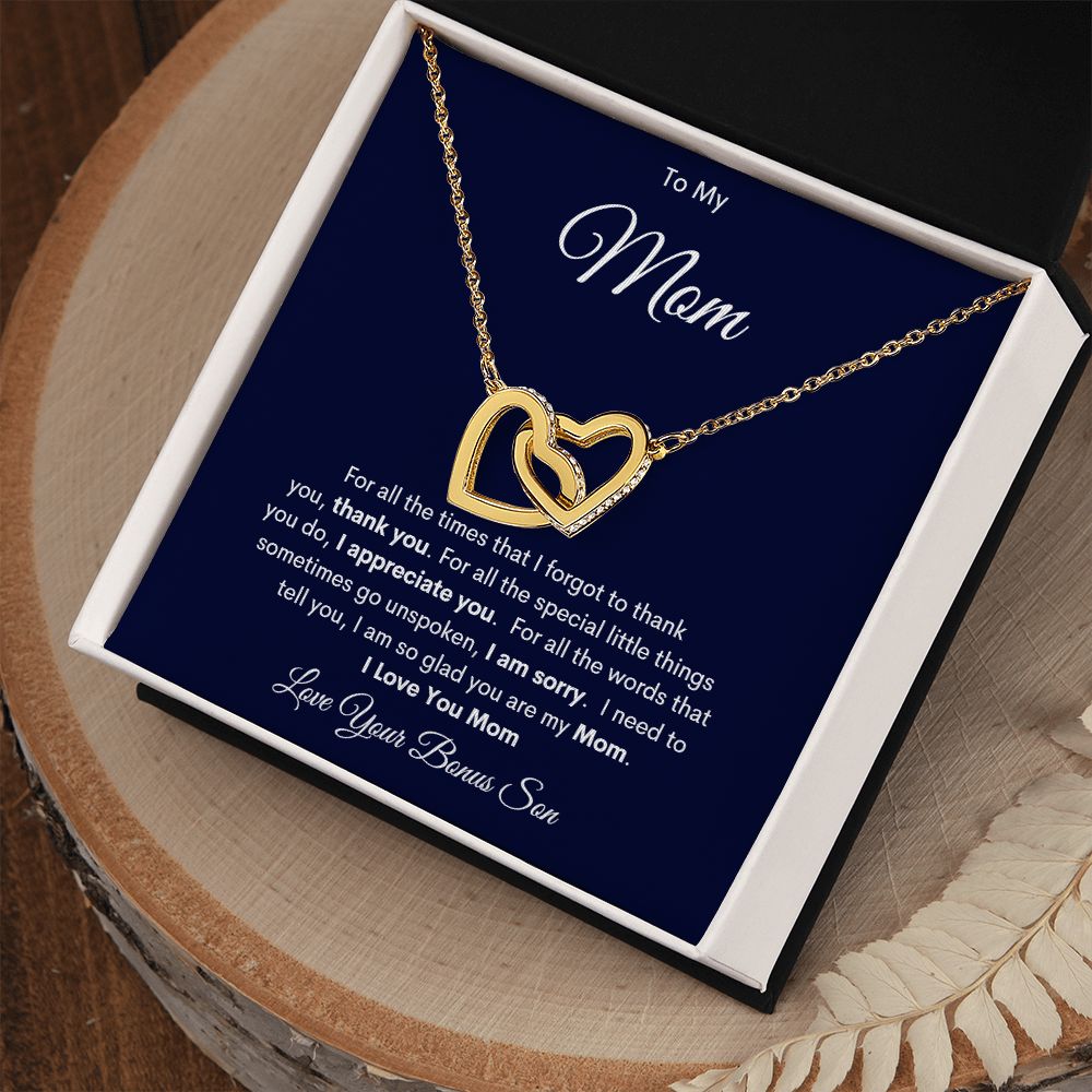 TO MY MOM LOVE YOUR BONUS SON INTERLOCKING HEARTS NECKLACE