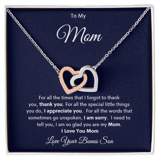 TO MY MOM LOVE YOUR BONUS SON INTERLOCKING HEARTS NECKLACE