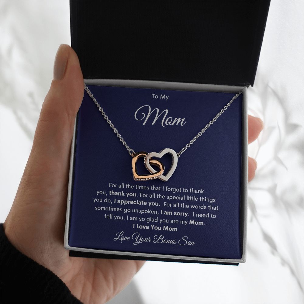 TO MY MOM LOVE YOUR BONUS SON INTERLOCKING HEARTS NECKLACE
