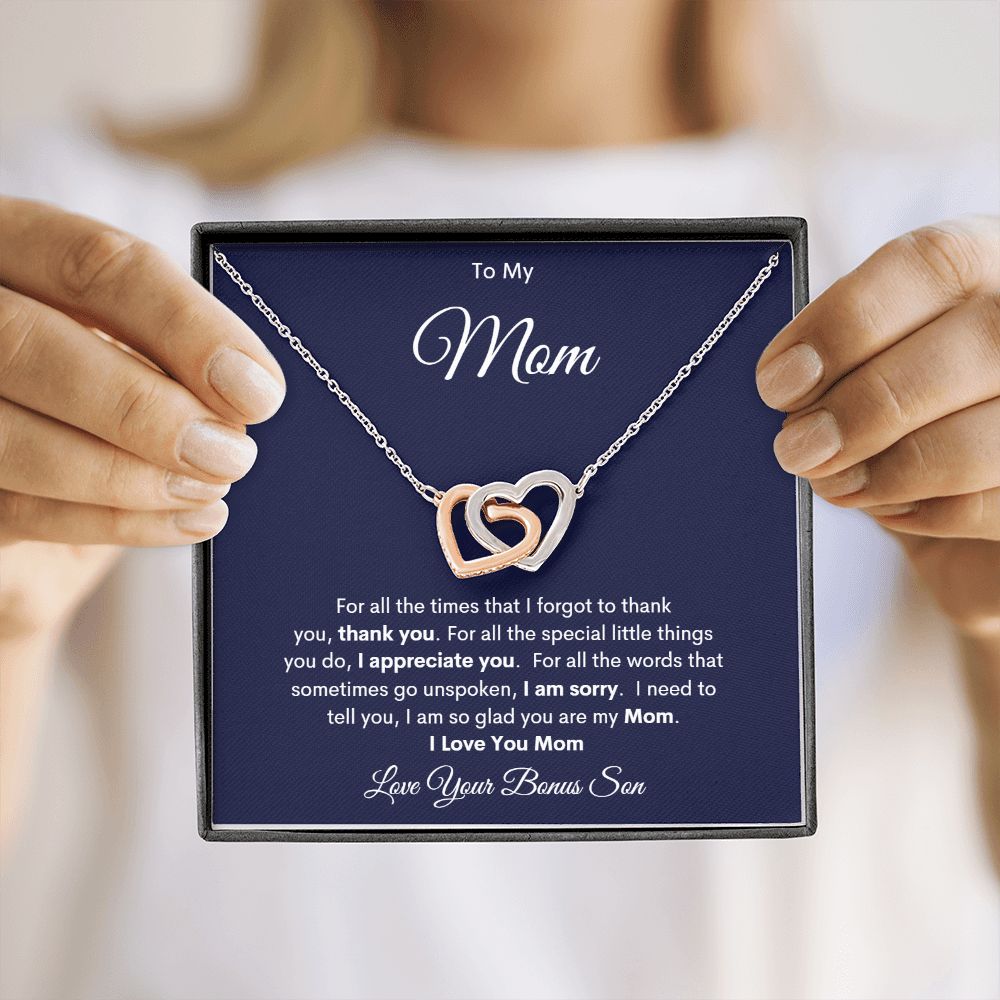 TO MY MOM LOVE YOUR BONUS SON INTERLOCKING HEARTS NECKLACE