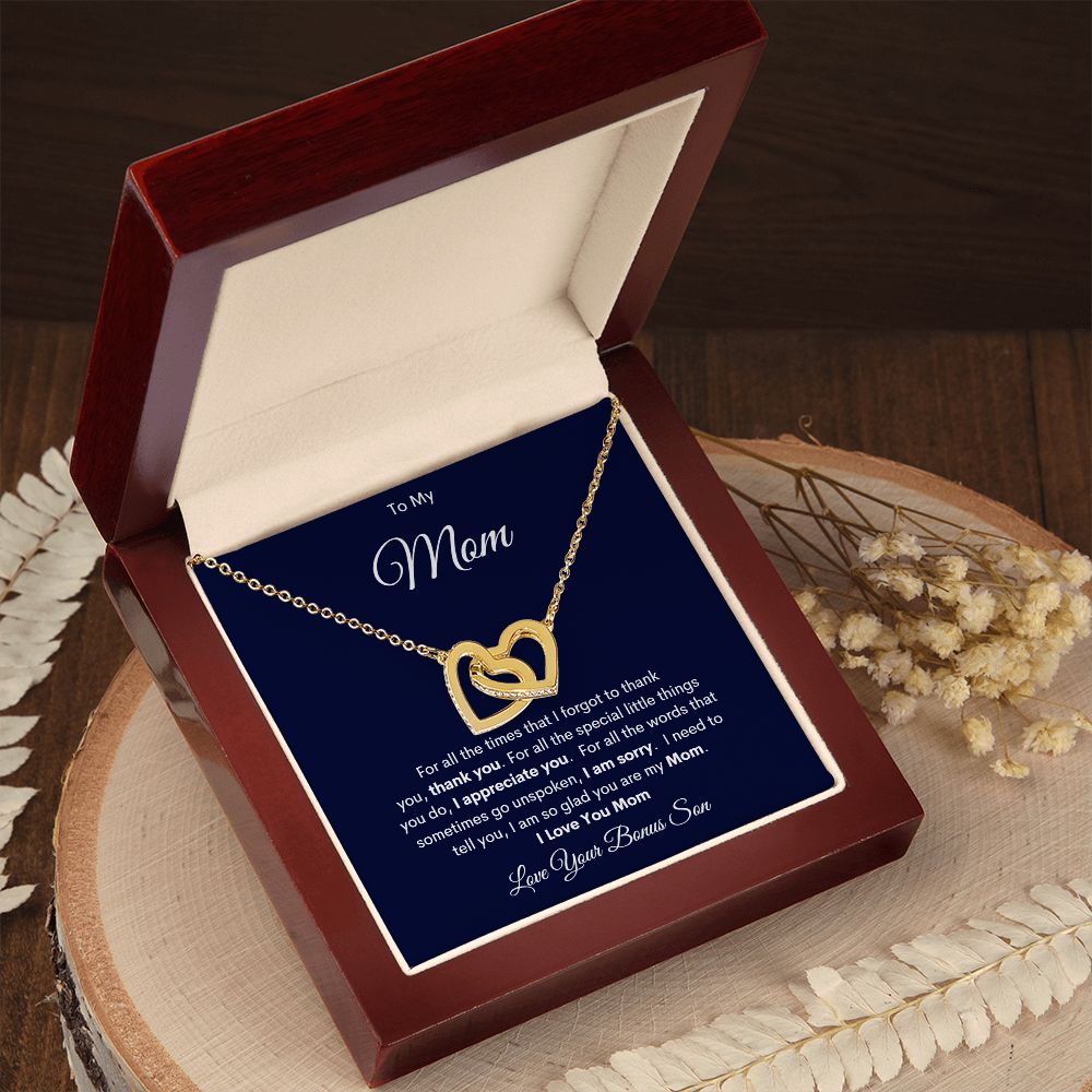 TO MY MOM LOVE YOUR BONUS SON INTERLOCKING HEARTS NECKLACE