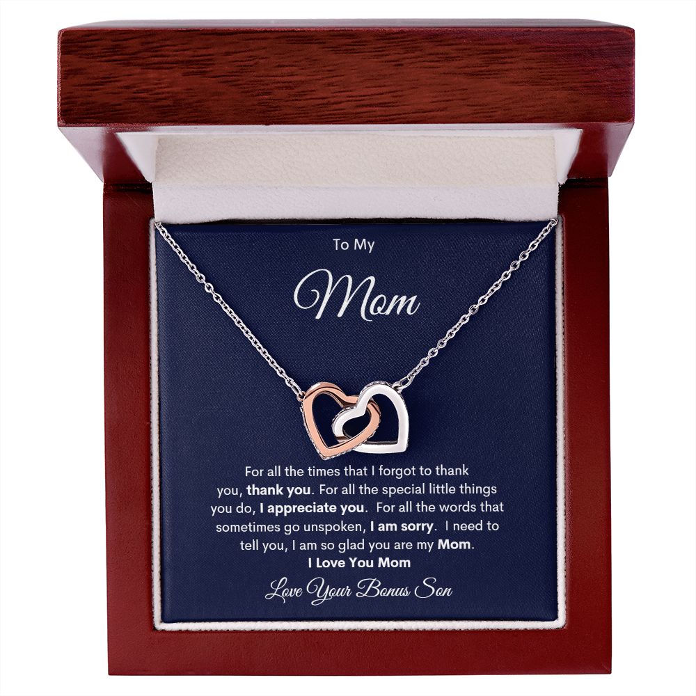 TO MY MOM LOVE YOUR BONUS SON INTERLOCKING HEARTS NECKLACE