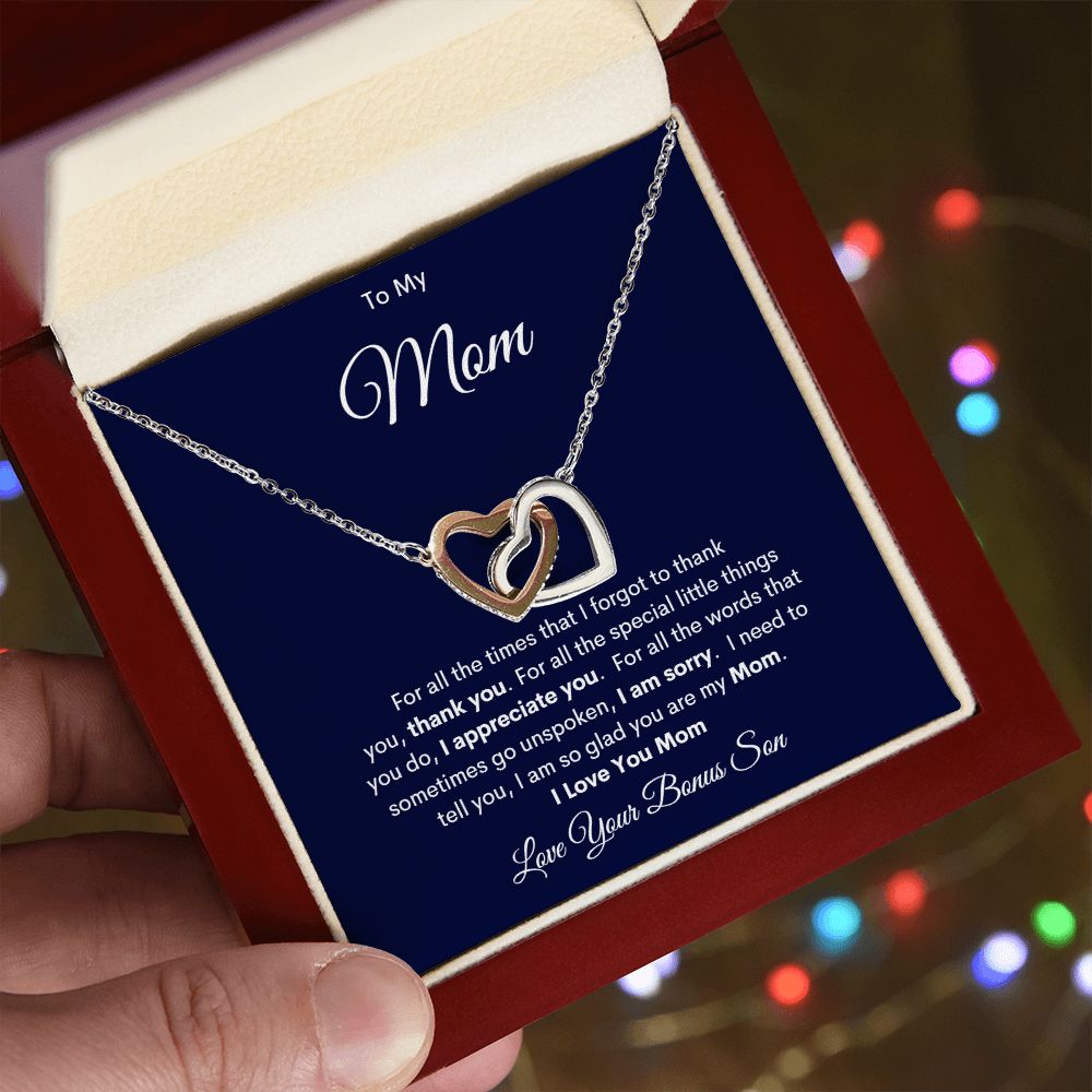 TO MY MOM LOVE YOUR BONUS SON INTERLOCKING HEARTS NECKLACE
